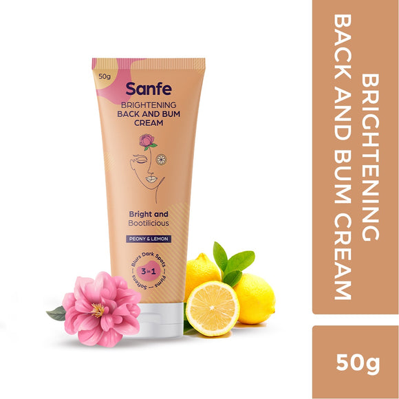 Sanfe Brightening Back and Bum Cream 50g - for uneven, dark and patchy bum and back - Natural Peony, Licorice and Lemon extracts with Vitamin E